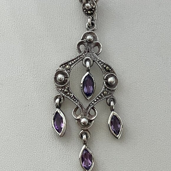 Amethyst & Marcasite 925 Sterling Silver Pendant - Picture 3 of 5